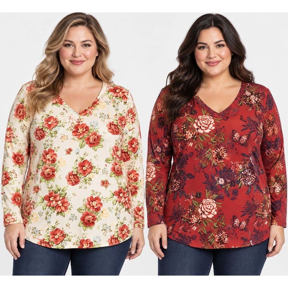 The Pioneer Woman Women’s XXXL 2-Pack Floral Long Sleeve V-Neck T-Shirts New...